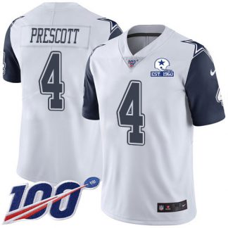 Nike Dallas Cowboys #4 Dak Prescott White Men's Stitched With Established In 1960 Patch NFL Limited Rush 100th Season Jersey