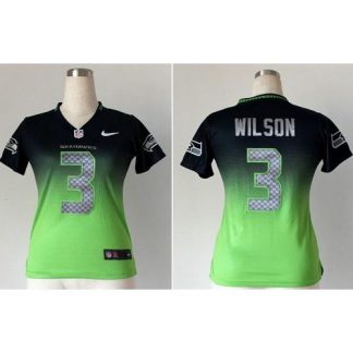 Nike Seattle Seahawks #3 Russell Wilson Steel Blue/Green Women's Stitched NFL Elite Fadeaway Fashion Jersey