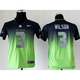 Nike Seattle Seahawks #3 Russell Wilson Steel Blue/Green Youth Stitched NFL Elite Fadeaway Fashion Jersey